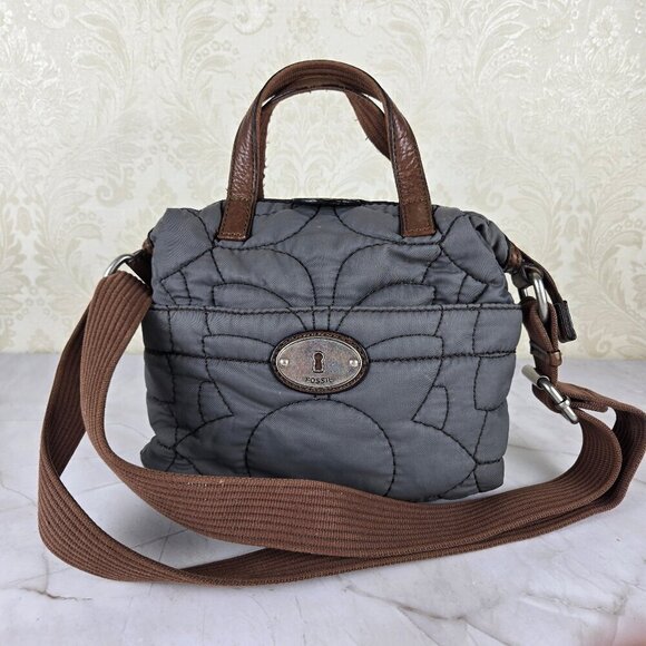 Fossil Key-Per Gray Nylon Quilted Crossbody Double Handle Bag Brown Leather Trim - Picture 1 of 16